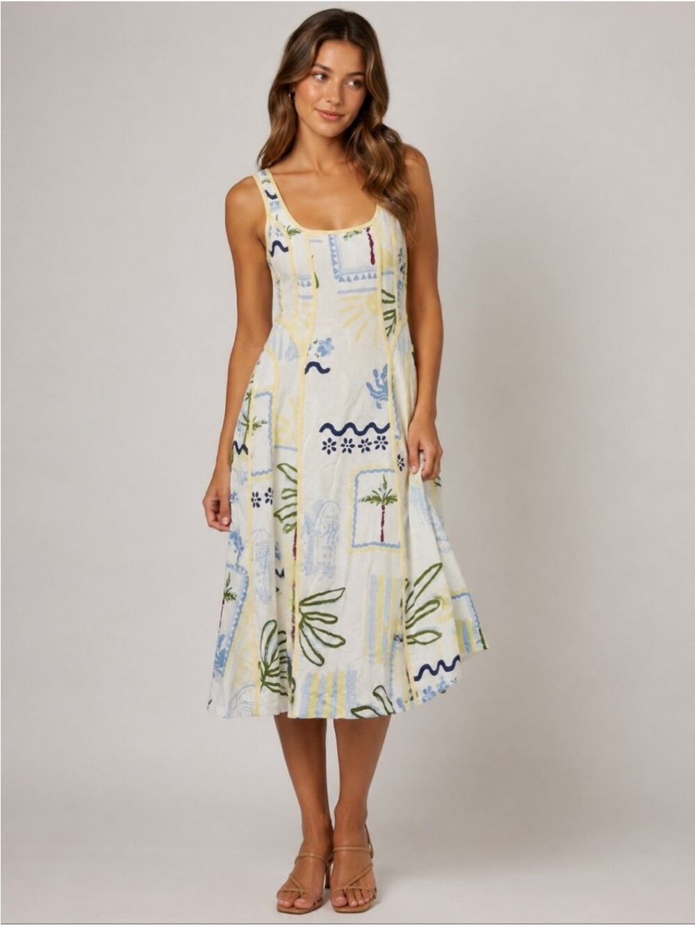 Caroline Constas Cream Midi Dress with Blue, Yellow & Green Print
